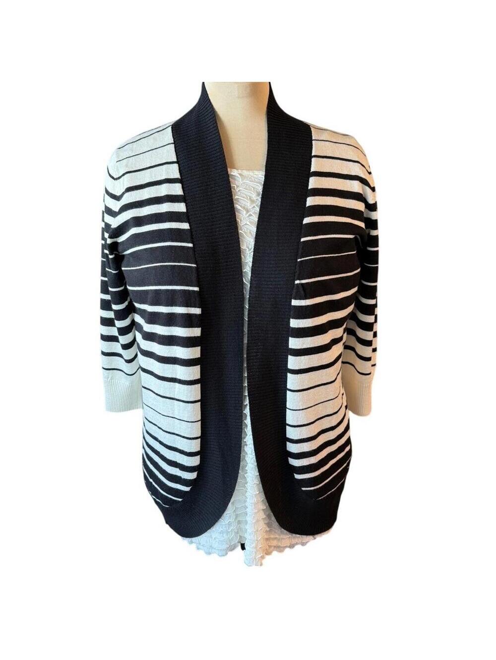 Black & White Stripe Open-Front Cardigan Medium – Modern Chic 3/4 Sleeve Layer